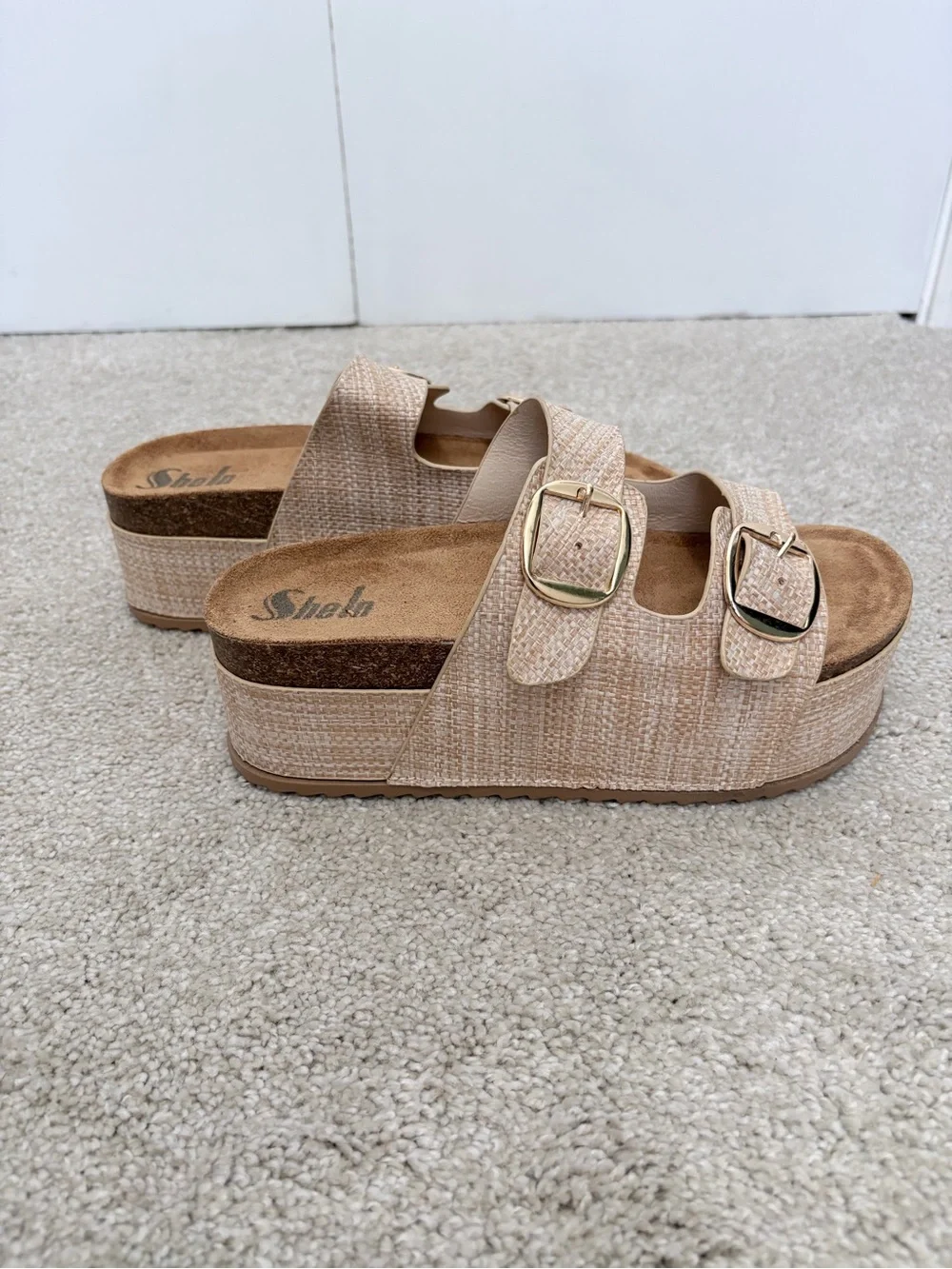 Women’s Platform Slide Sandals in Beige with Gold Buckles
